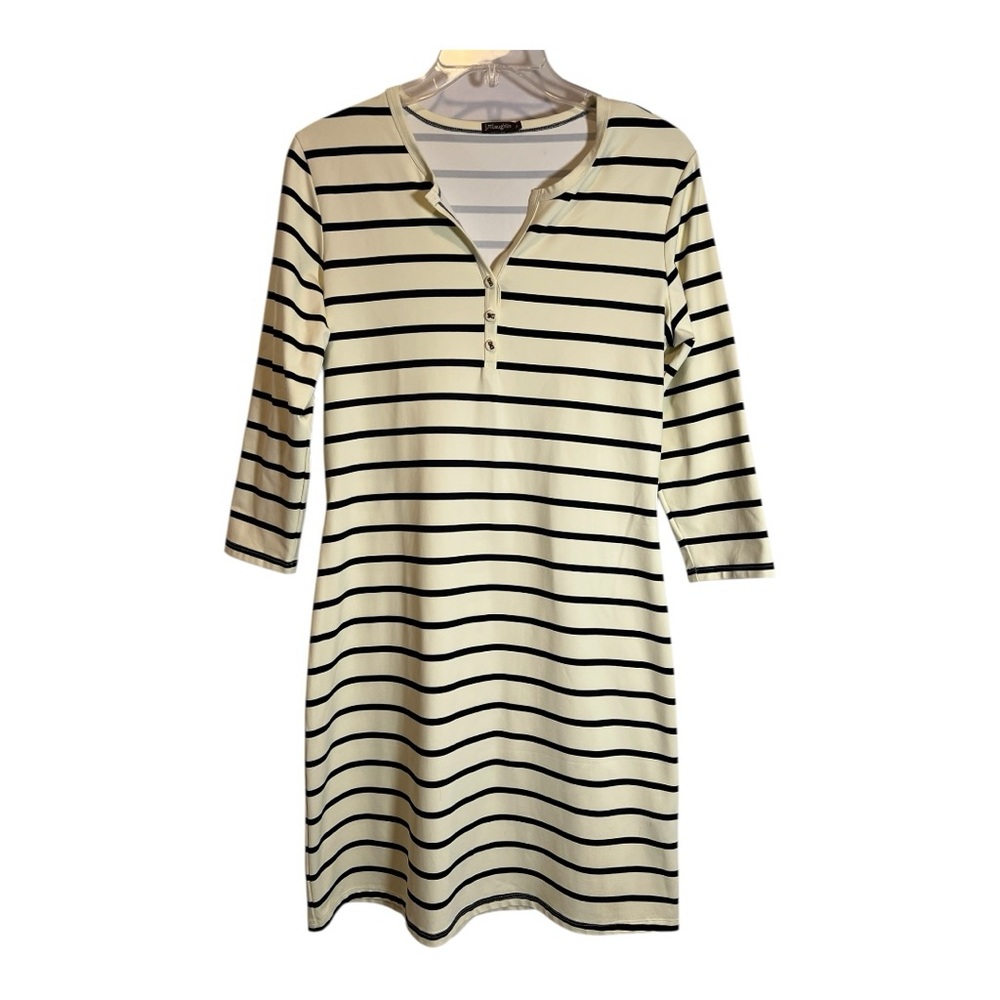 J McLaughlin Catalina Cloth Henley Dress Black Stripe Size Medium